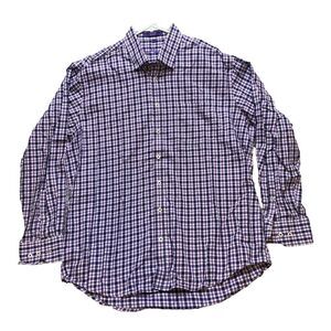Allan Flusser Shirt Adult Large‎ Purple Button Up Grid Checkered Embroidery Mens